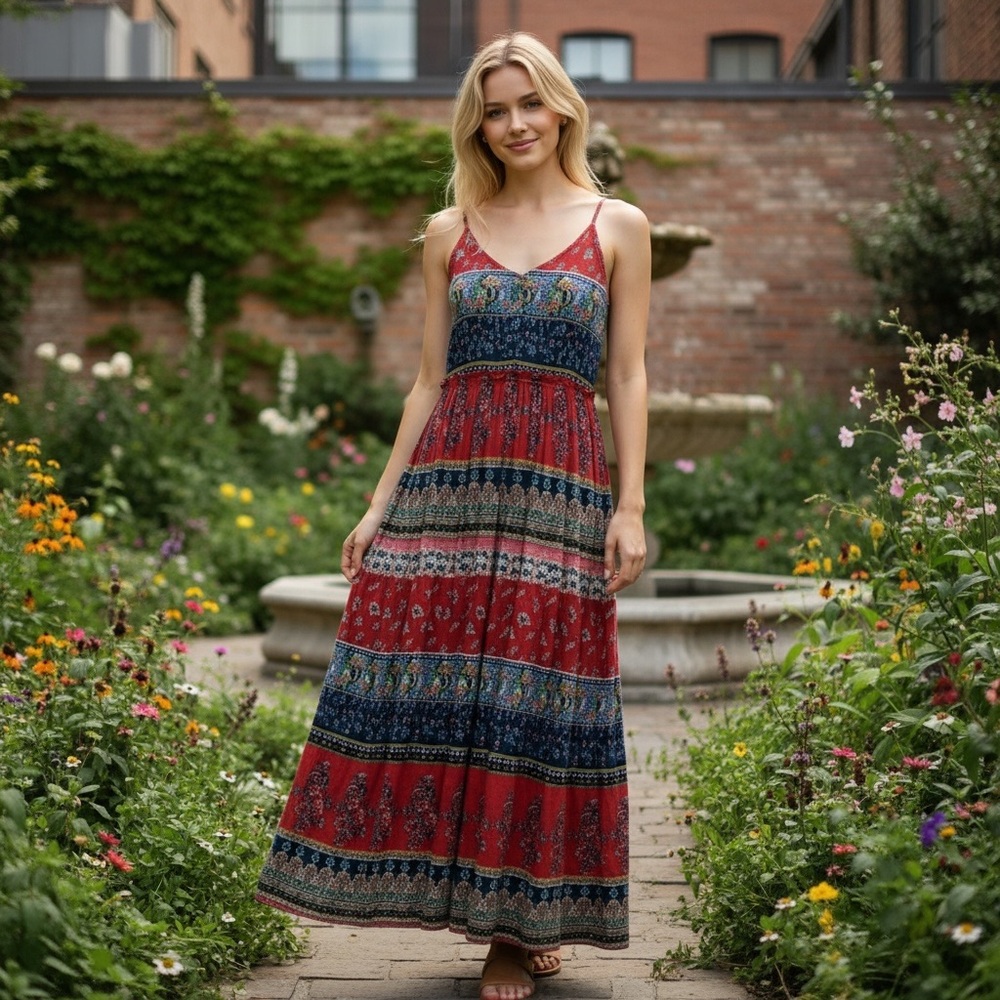 Patrons Of Peace Maxi Spaghetti Strap Dress Women Red Blue Boho Festival Stretch